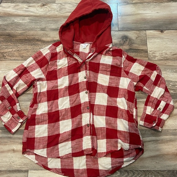 Time and Tru Flannel Size XXL (20) Red White Button Up Hood Drawstrings Pocket - Picture 1 of 2